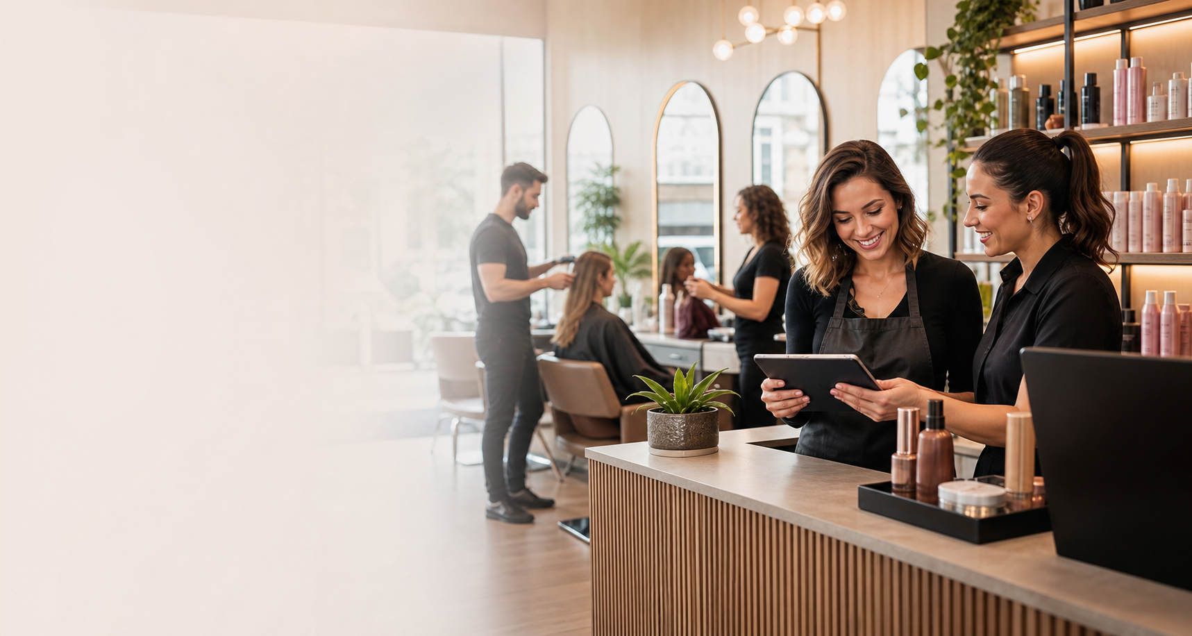 Equipe de um salão de beleza acompanhando a gestão pelo tablet